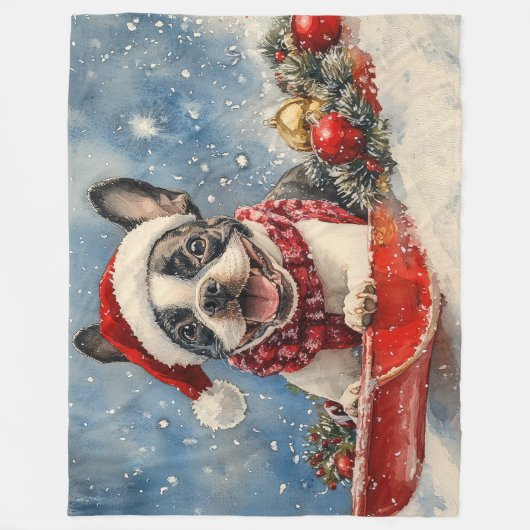 Couverture Polaire Boston Terrier Dog in Sledge Let it Neige Noël (Devant)