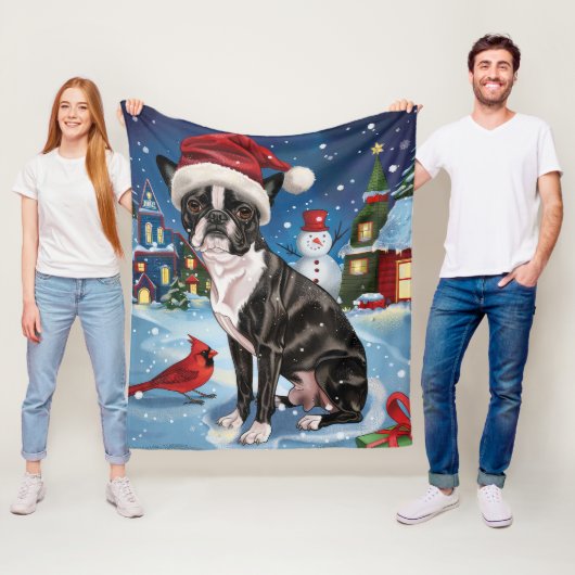 Couverture Polaire Boston Terrier Dog Winter Wonderland Noël Joie (En situation)