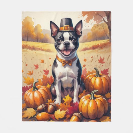 Couverture Polaire Boston Terrier En Automne Quitte L'Art Thanksgivin (Devant)