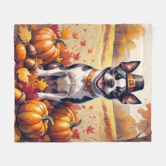 Couverture Polaire Boston Terrier En Automne Quitte L'Art Thanksgivin (Devant (Horizontal))