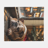 Couverture Polaire Bouledogue avec éclairages de Noël de vacances (Devant (Horizontal))