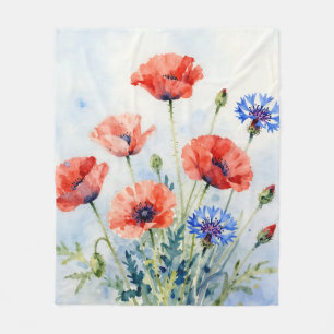 Couverture Polaire Bouquet de coquelicot rouge aquarelle et de bleuet