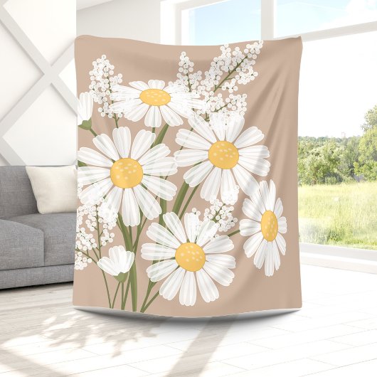 Couverture Polaire Bouquet de Fleurs marguerites blanches sur beige