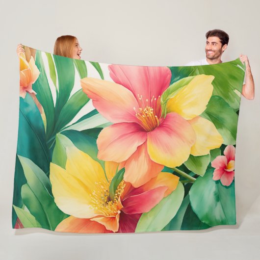 Couverture Polaire Bouquet floral Aquarelle Fleurs tropicales (En situation)