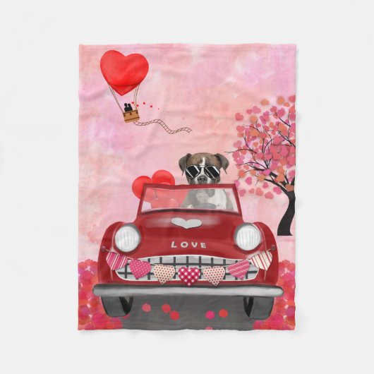 Couverture Polaire Boxer Chien voiture avec les coeurs Valentine's (Devant)