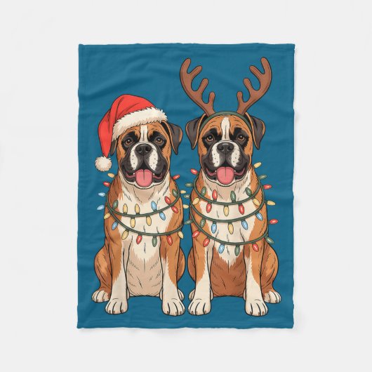 Couverture Polaire Boxer Dog Christmas Santa Hat Reindeer Lights Paja (Devant)