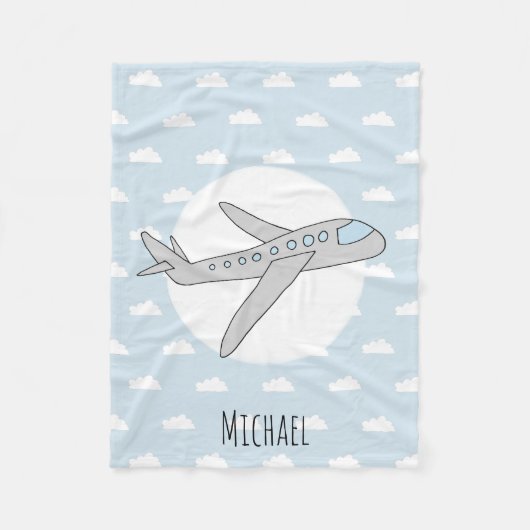 Couverture Polaire Boy Cute Blue Airplane avec Name Kids (Devant)