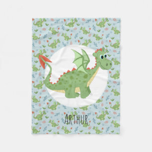 Couverture Polaire Boys Cute Green Dragon Caricature Motif et nom Enf
