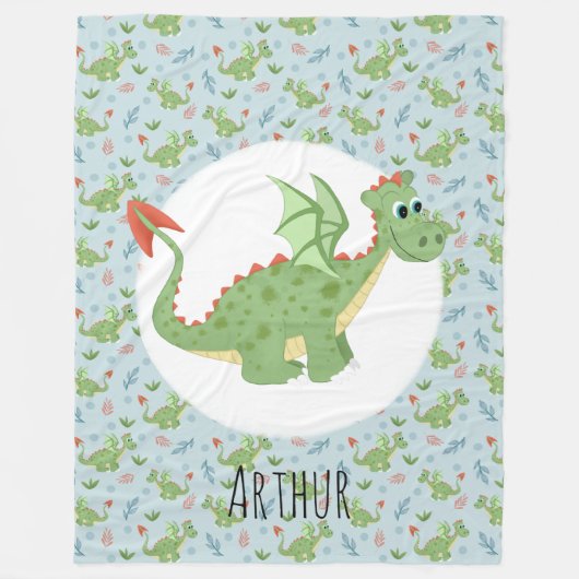Couverture Polaire Boys mignon Dragon vert Cartoon Motif & Nom Enfant (Devant)