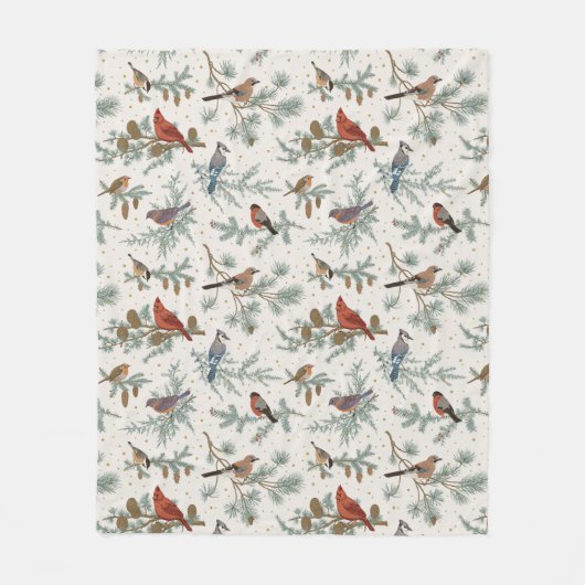 Couverture Polaire Branches d'oiseaux et de pins d'hiver Motif (Devant)