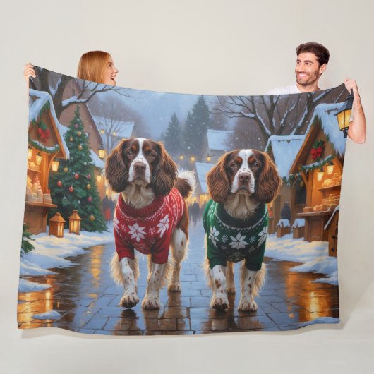 Couverture Polaire Brittany Spaniel Dogs Christmas Snow Holiday (En situation)