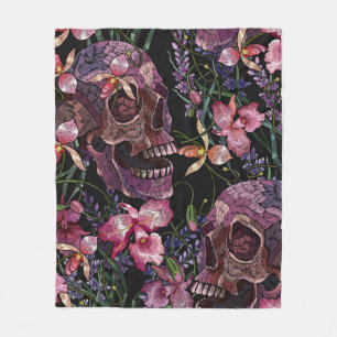 Couverture Polaire Broderie crâne humain et fleurs d'orchidées roses