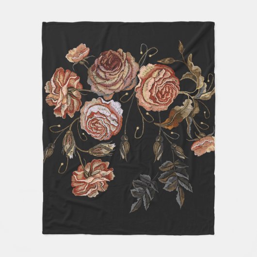 Couverture Polaire Broderie vintage : roses sur noir. (Devant)