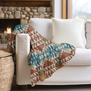 Couverture Polaire Brun Taupe Orange Brûlé Bleu Sarcelle Art Tribal