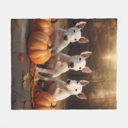 Couverture Polaire Bull Terrier Chiot Automne Citrouille de plaisir (Devant (Horizontal))