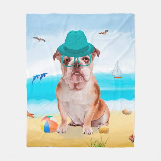 Couverture Polaire Bulldog anglais sur la plage (Devant)