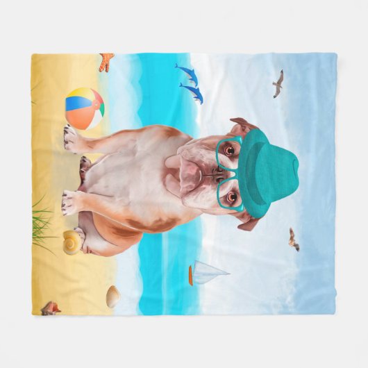 Couverture Polaire Bulldog anglais sur la plage (Devant (Horizontal))