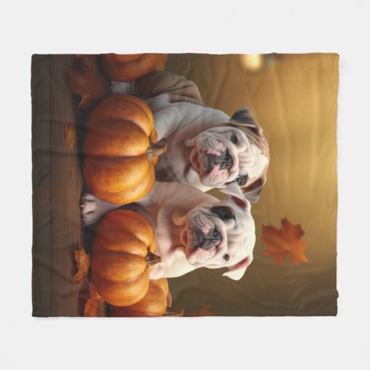 Couverture Polaire Bulldog Chiot Automne Citrouille de plaisir (Devant (Horizontal))