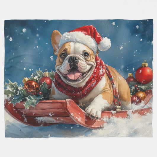Couverture Polaire Bulldog dans Sledge Let it Neige Noël (Devant (Horizontal))