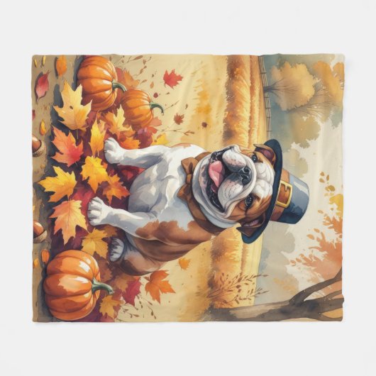Couverture Polaire Bulldog En Automne Laisse L'Art Thanksgiving (Devant (Horizontal))