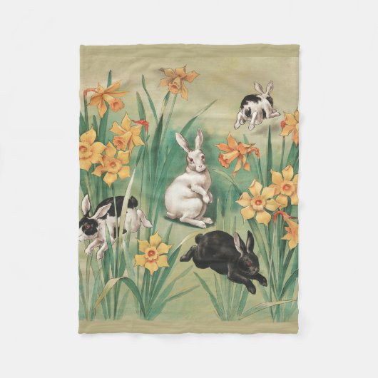 Couverture Polaire Bunnies mignons aux fleurs de jonquille Antique Pâ (Devant)
