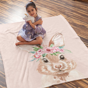 Couverture Polaire Bunny D'Aquarelle Rose Pastel Moderne Avec Fleurs