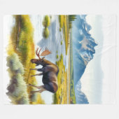 Couverture Polaire Cabane de style aquarelle Moose rustique (Devant (Horizontal))