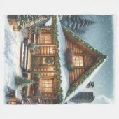 Couverture Polaire Cabane enneigée de Noël/hiver rustique (Devant (Horizontal))
