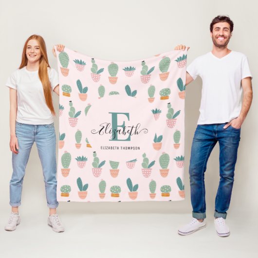 Couverture Polaire Cactus Cactus Cactus Succulent Rose Vert Monogramm (En situation)