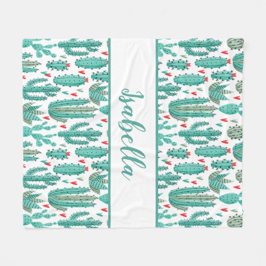 Couverture Polaire Cactus vert blanc motif monogramme (Devant (Horizontal))