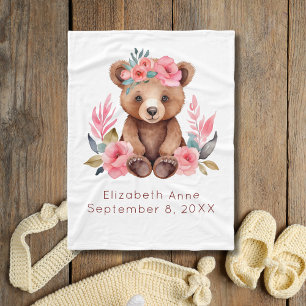 Couverture Polaire Cadeau bébé ours rose fleurs aquarelle bébé