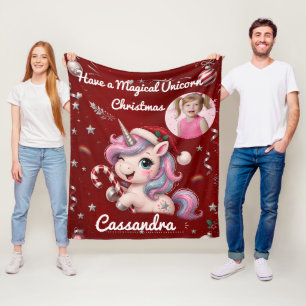 Couverture Polaire Cadeau de photo de Noël de licorne magique cramois