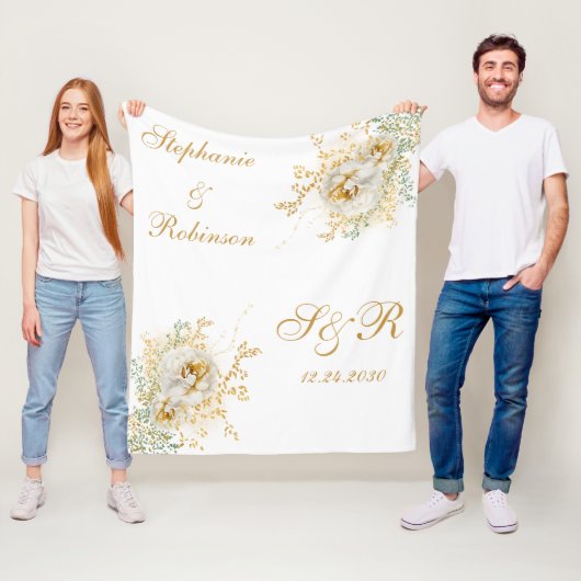 Couverture Polaire Cadeau Mariage Monogram Gold Floral (En situation)