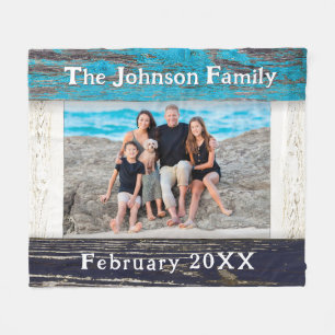Couverture Polaire Cadre en bois bleu rustique pour nom de famille