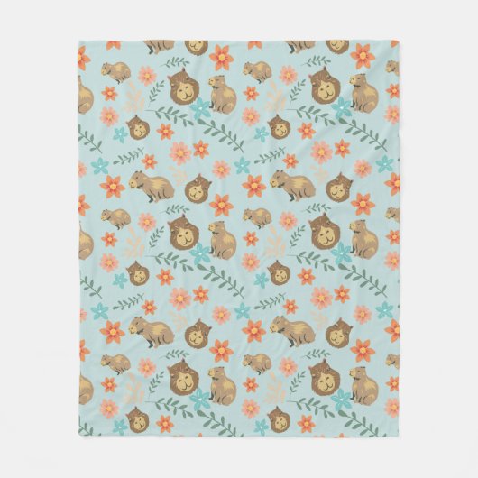 Couverture Polaire Capybaras avec fleurs vert (Devant)