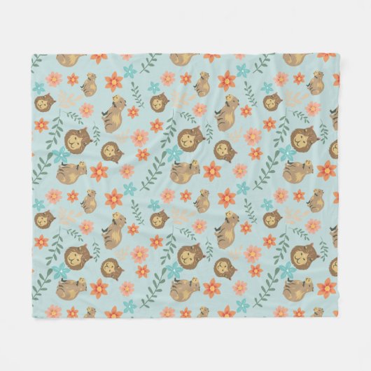 Couverture Polaire Capybaras avec fleurs vert (Devant (Horizontal))