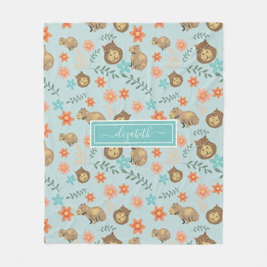 Couverture Polaire Capybaras avec fleurs vert Nom personnalisé (Devant)