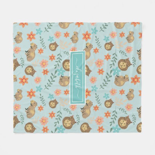 Couverture Polaire Capybaras avec fleurs vert Nom personnalisé (Devant (Horizontal))