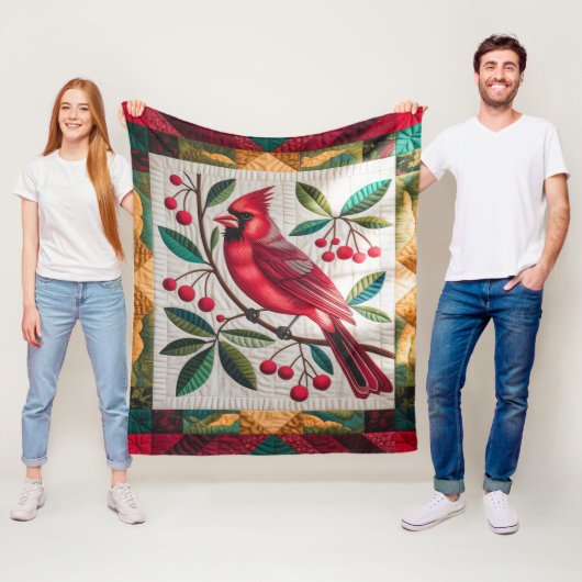 Couverture Polaire Cardinal Bird Quilt, Blanche Fleece - Rouge Vibran (En situation)