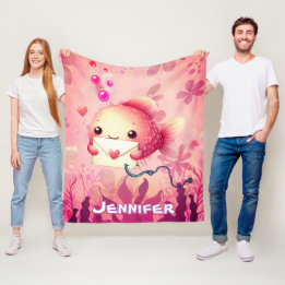 Couverture Polaire Caricature rose blanc mignon poisson rouge personn