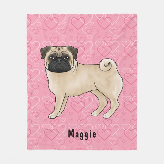 Couverture Polaire Carlin Fun Chien Cute Mops Et Coeurs Rose Avec Nom (Devant)