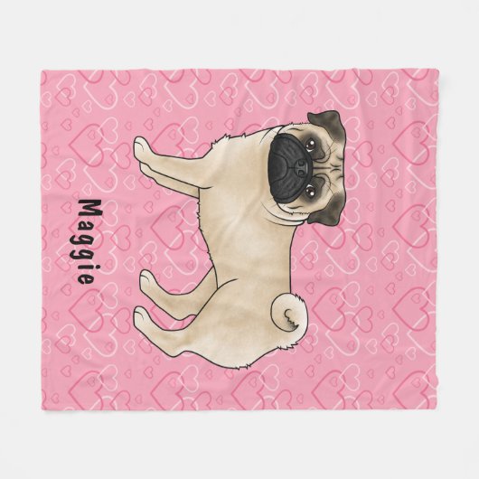 Couverture Polaire Carlin Fun Chien Cute Mops Et Coeurs Rose Avec Nom (Devant (Horizontal))