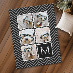 Couverture Polaire Carré noir blanc 5 Photo Collage Monogramme
