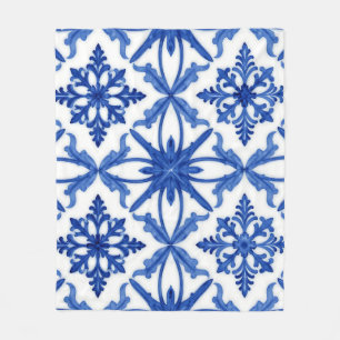 Couverture Polaire Carreau d'azulejo bleu blanc à motif floral