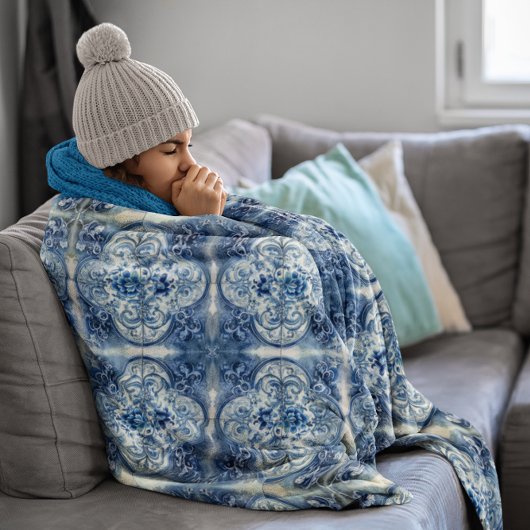 Couverture Polaire Carreaux anciens en bleu Delft