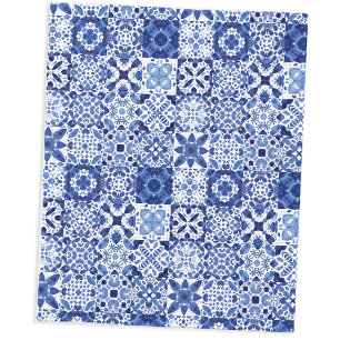Couverture Polaire Carreaux Bleus Bleu Méditerranéen Motif Aquarelle