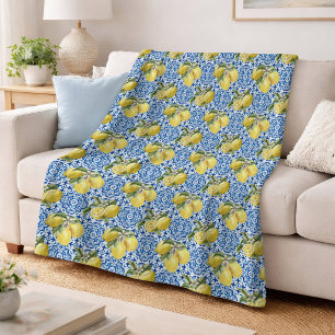 Couverture Polaire Carreaux bleus motif Méditerranée Lemon