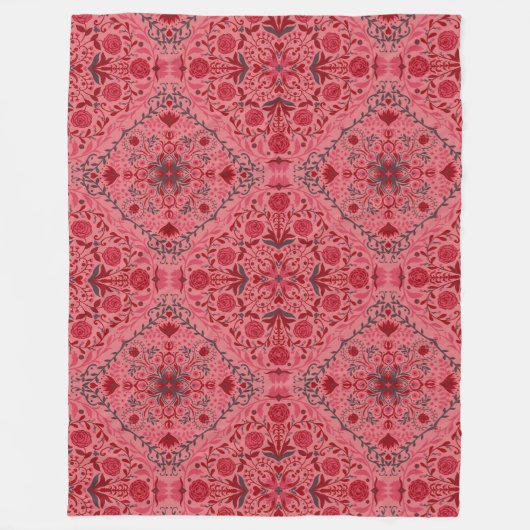 Couverture Polaire Carreaux floraux en rouge et pastèque rose (Devant)