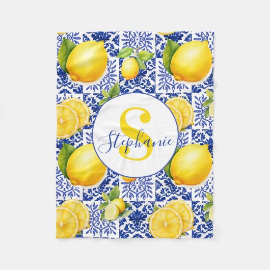 Couverture Polaire Carrelage Citron Bleu Blanc Nom Monogramme Citron (Devant)