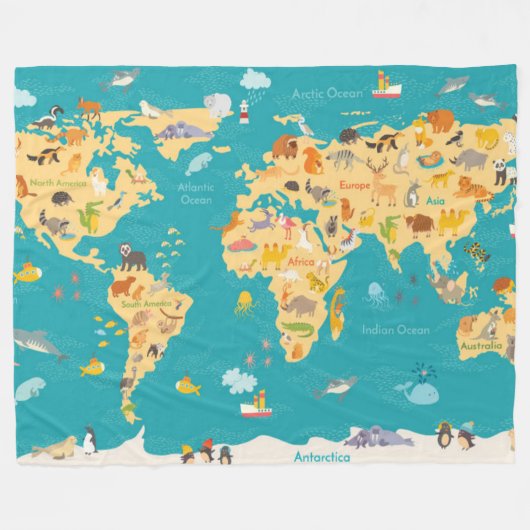 Couverture Polaire Carte animale du monde pour des enfants (Devant (Horizontal))